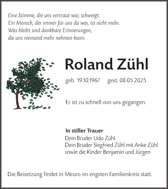Traueranzeige von Roland Zühl von Lausitzer Rundschau