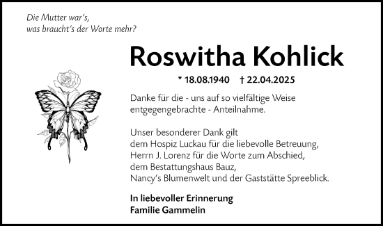 Traueranzeige von Roswitha Kohlick von Lausitzer Rundschau