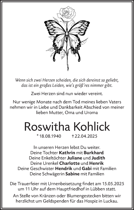 Traueranzeige von Roswitha Kohlick von Lausitzer Rundschau