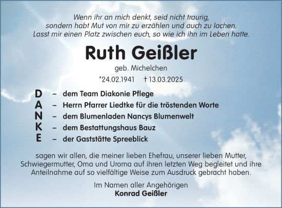 Traueranzeige von Ruth Geißler von Lausitzer Rundschau
