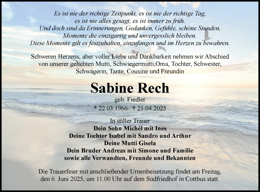  Traueranzeige für Sabine Rech vom 17.05.2025 aus Lausitzer Rundschau