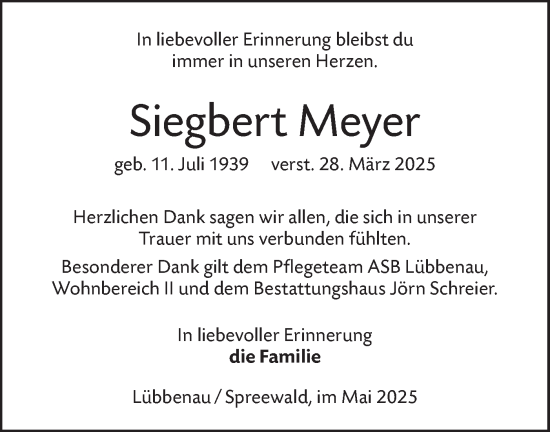 Traueranzeige von Siegbert Meyer von Lausitzer Rundschau