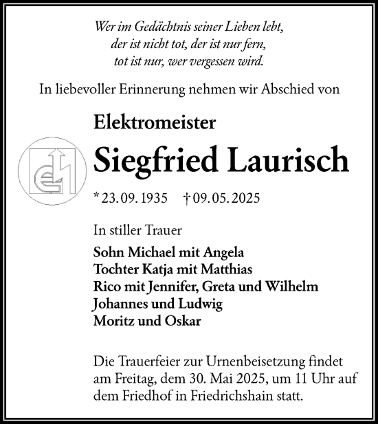Traueranzeige von Siegfried Laurisch von Lausitzer Rundschau
