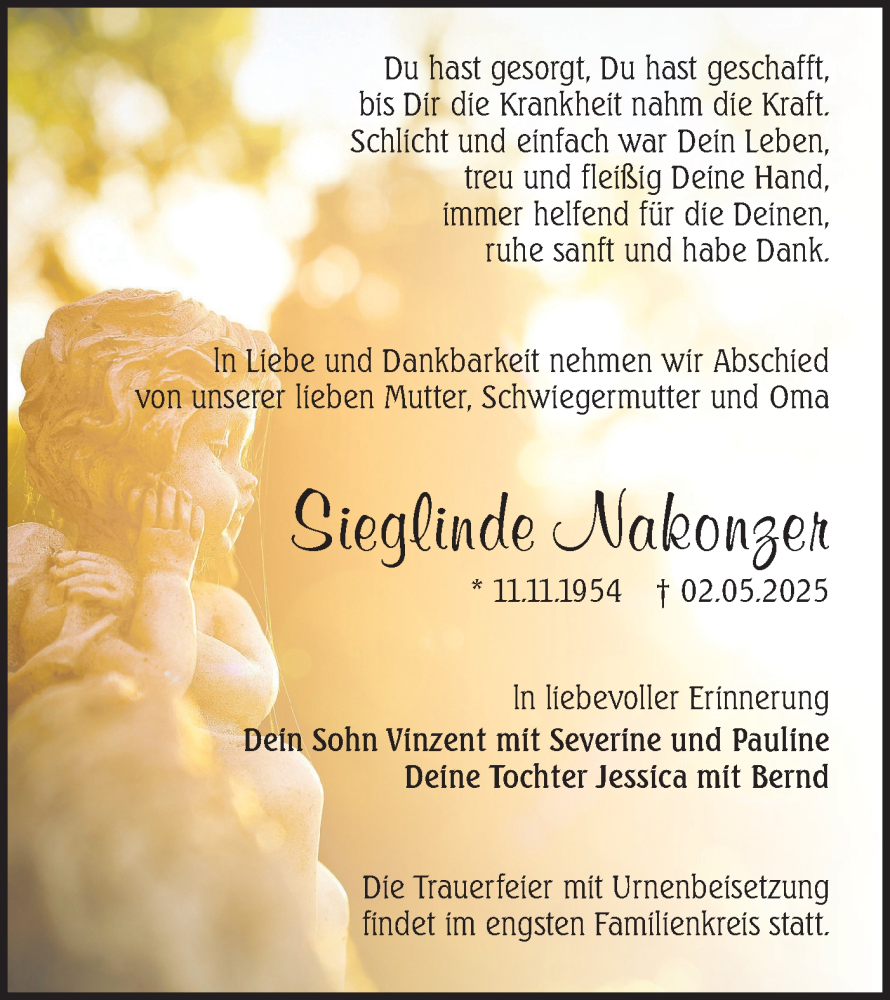  Traueranzeige für Sieglinde Nakonzer vom 17.05.2025 aus Lausitzer Rundschau