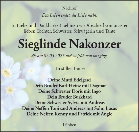 Traueranzeige von Sieglinde Nakonzer von Lausitzer Rundschau