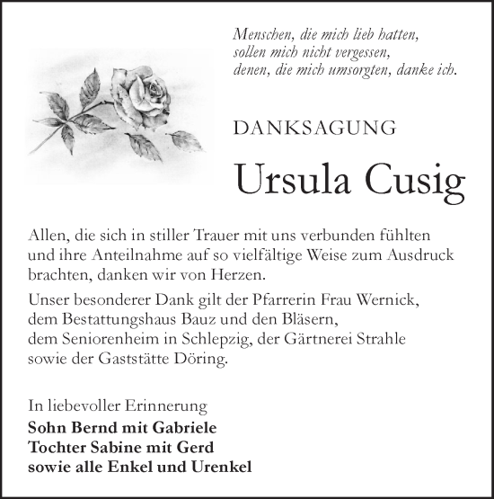 Traueranzeige von Ursula Cusig von Lausitzer Rundschau