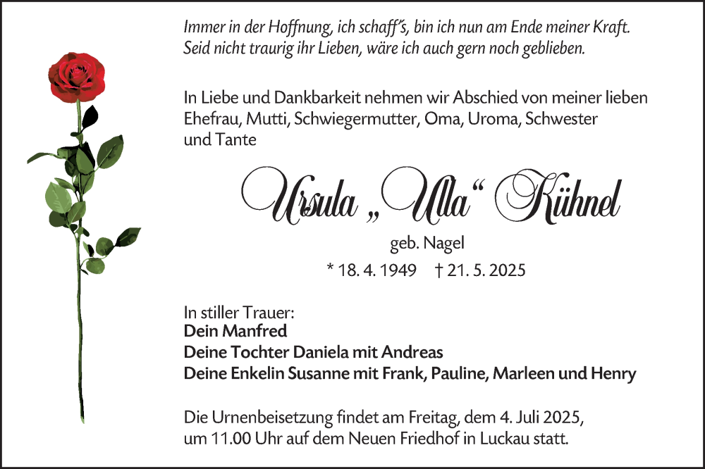  Traueranzeige für Ursula Kühnel vom 31.05.2025 aus Lausitzer Rundschau