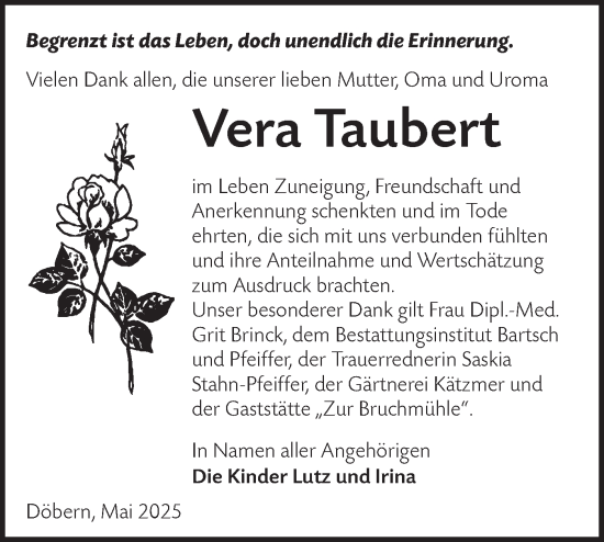 Traueranzeige von Vera Taubert von Lausitzer Rundschau
