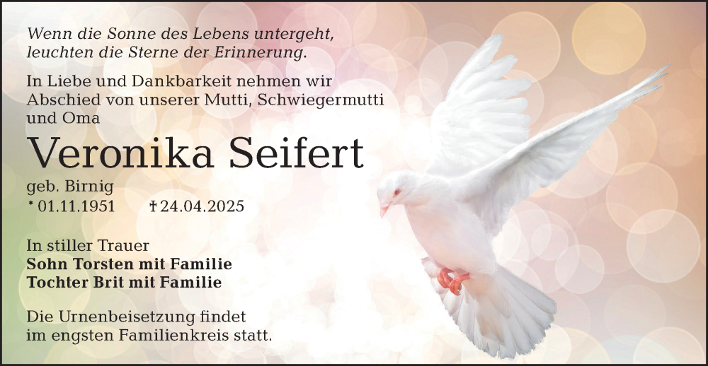  Traueranzeige für Veronika Seifert vom 10.05.2025 aus Lausitzer Rundschau