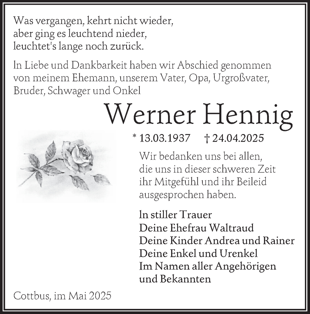  Traueranzeige für Werner Hennig vom 17.05.2025 aus Lausitzer Rundschau