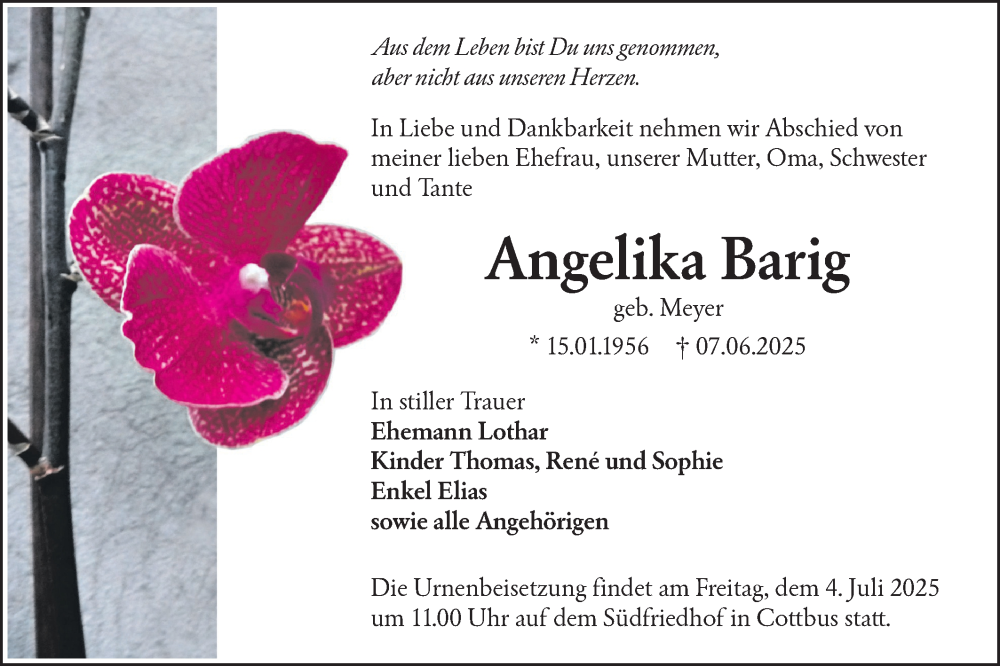  Traueranzeige für Angelika Barig vom 28.06.2025 aus Lausitzer Rundschau
