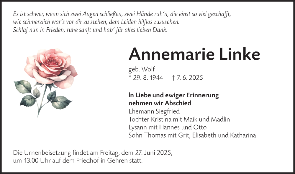  Traueranzeige für Annemarie Linke vom 14.06.2025 aus Lausitzer Rundschau