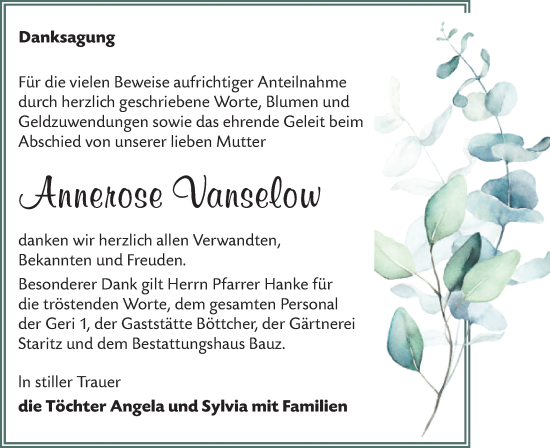 Traueranzeige von Annerose Vanselow von Lausitzer Rundschau