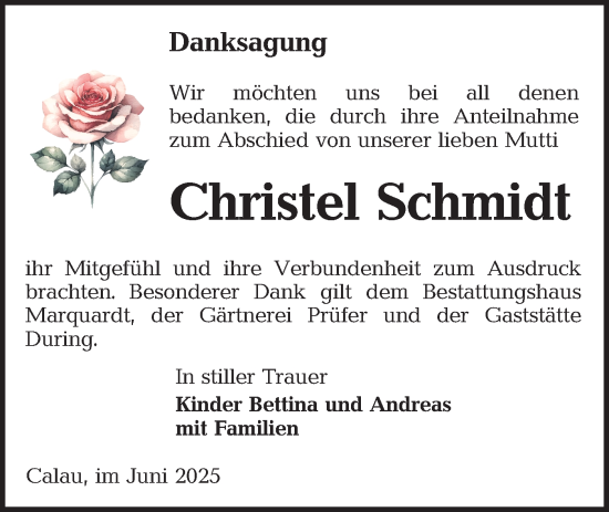 Traueranzeige von Christel Schmidt von Lausitzer Rundschau