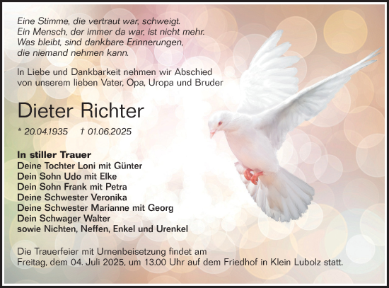 Traueranzeige von Dieter Richter von Lausitzer Rundschau