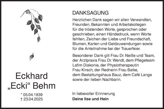 Traueranzeige von Eckhard Behm von Lausitzer Rundschau