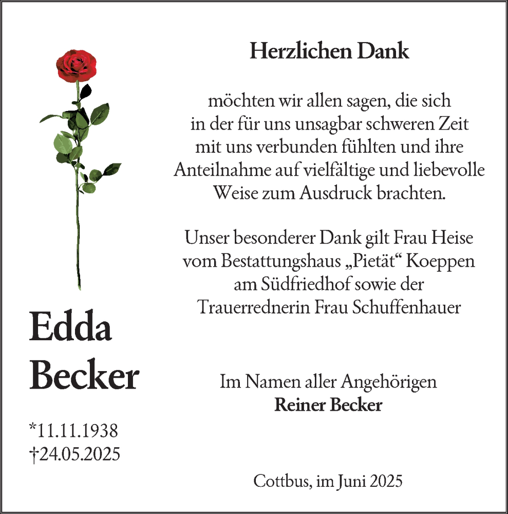 Traueranzeige für Edda Becker vom 28.06.2025 aus Lausitzer Rundschau