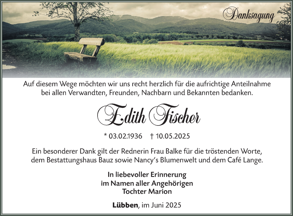  Traueranzeige für Edith Fischer vom 21.06.2025 aus Lausitzer Rundschau