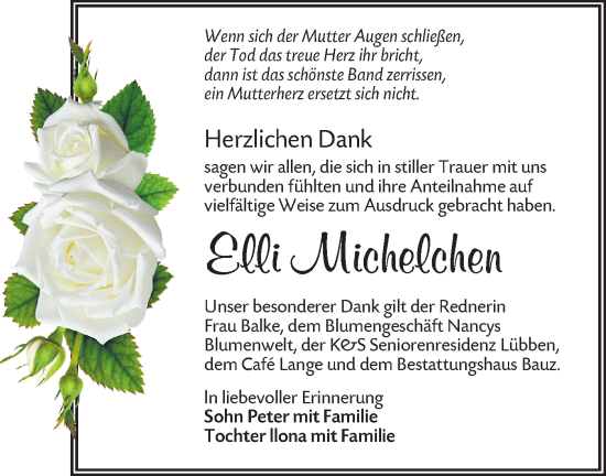 Traueranzeige von Elli Michelchen von Lausitzer Rundschau