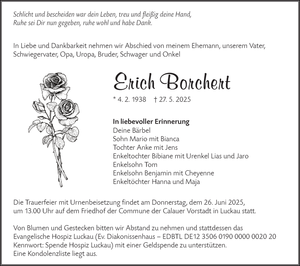  Traueranzeige für Erich Borchert vom 14.06.2025 aus Lausitzer Rundschau