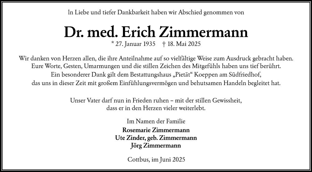  Traueranzeige für Erich Zimmermann vom 14.06.2025 aus Lausitzer Rundschau