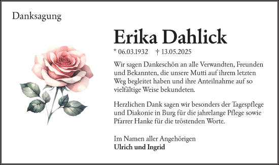 Traueranzeige von Erika Dahlick von Lausitzer Rundschau