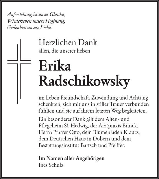Traueranzeige von Erika Radschikowsky von Lausitzer Rundschau
