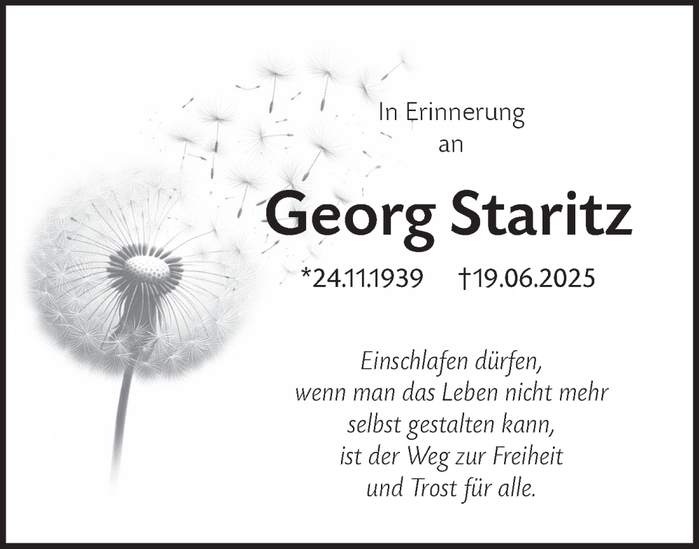  Traueranzeige für Georg Staritz vom 28.06.2025 aus Lausitzer Rundschau
