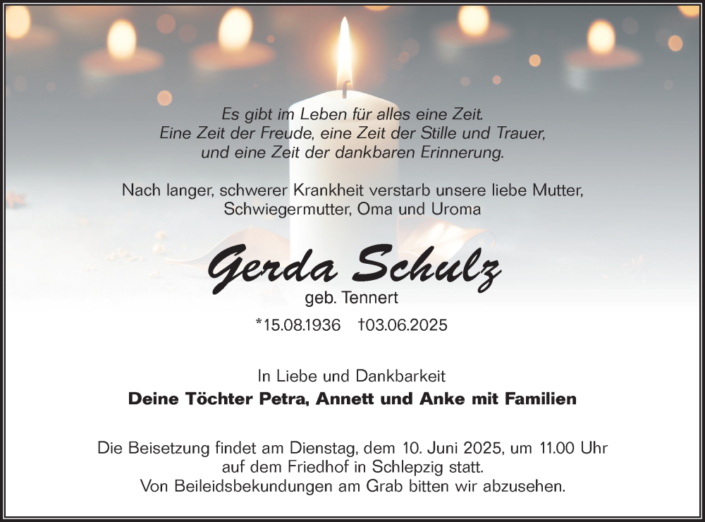  Traueranzeige für Gerda Schulz vom 07.06.2025 aus Lausitzer Rundschau