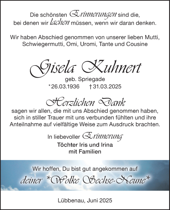 Traueranzeige von Gisela Kuhnert von Lausitzer Rundschau