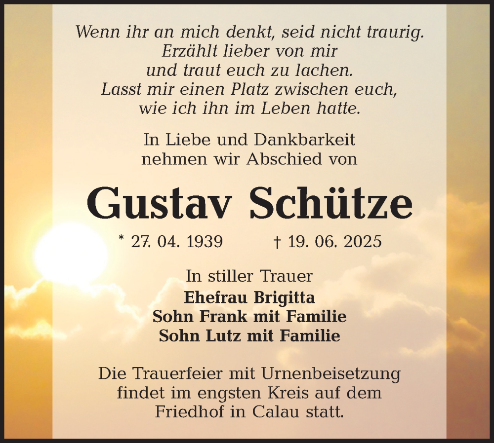  Traueranzeige für Gustav Schütze vom 28.06.2025 aus Lausitzer Rundschau