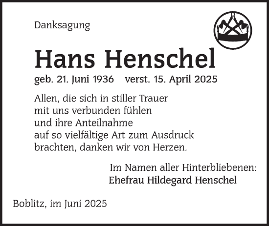 Traueranzeige von Hans Henschel von Lausitzer Rundschau