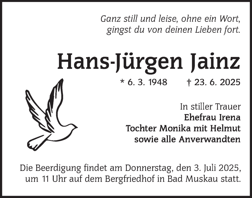  Traueranzeige für Hans-Jürgen Jainz vom 28.06.2025 aus Lausitzer Rundschau