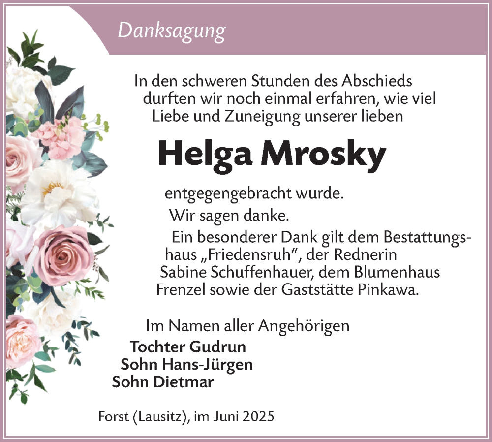  Traueranzeige für Helga Mrosky vom 07.06.2025 aus Lausitzer Rundschau