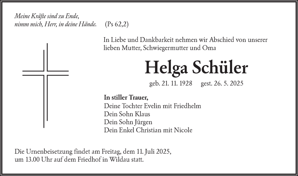  Traueranzeige für Helga Schüler vom 07.06.2025 aus Lausitzer Rundschau
