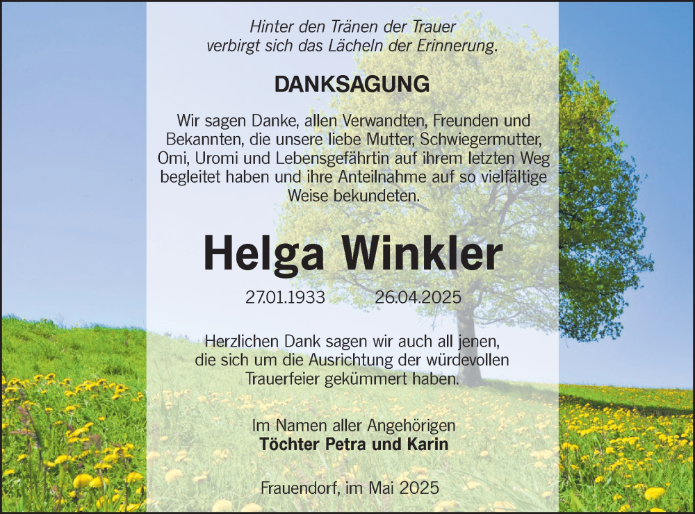  Traueranzeige für Helga Winkler vom 14.06.2025 aus Lausitzer Rundschau