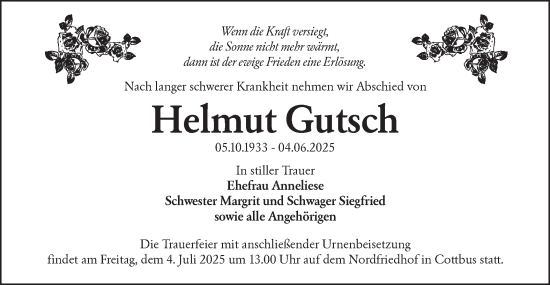 Traueranzeige von Helmut Gutsch von Lausitzer Rundschau