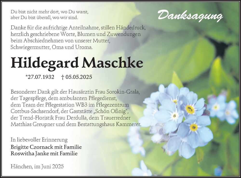  Traueranzeige für Hildegard Maschke vom 14.06.2025 aus Lausitzer Rundschau
