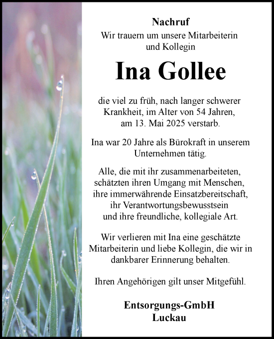 Traueranzeige von Ina Gollee von Lausitzer Rundschau