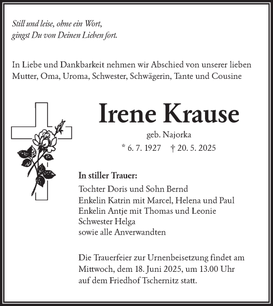 Traueranzeige von Irene Krause von Lausitzer Rundschau