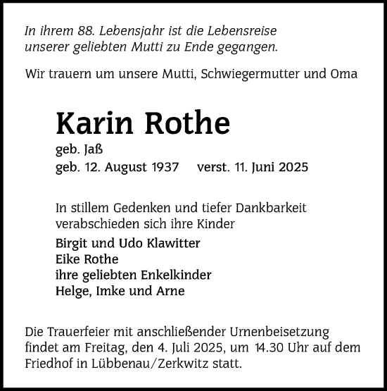 Traueranzeige von Karin Rothe von Lausitzer Rundschau
