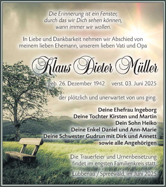 Traueranzeige von Klaus Dieter Müller von Lausitzer Rundschau