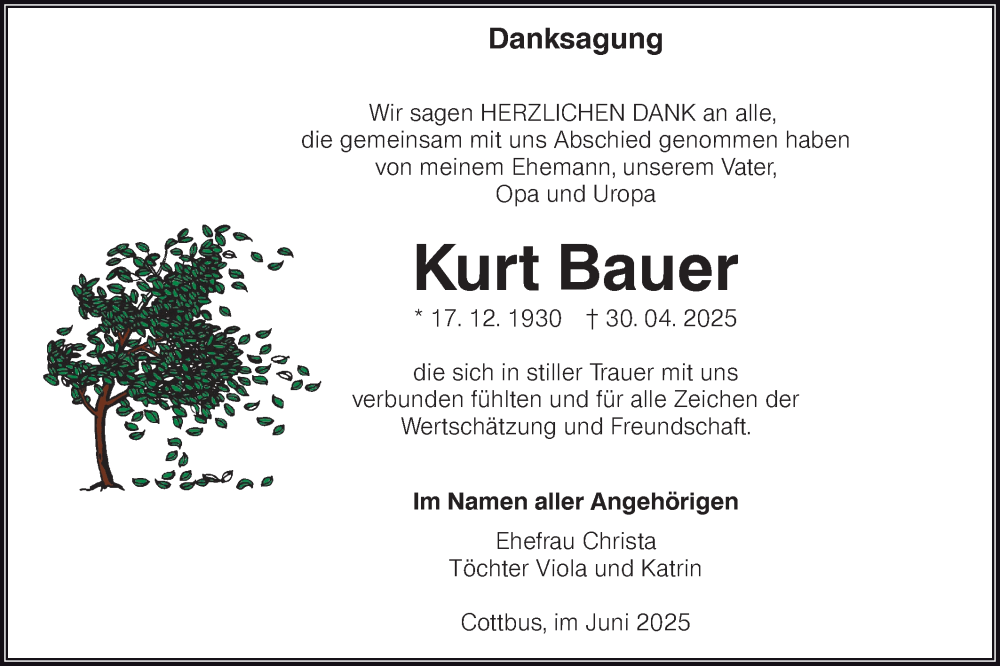  Traueranzeige für Kurt Bauer vom 21.06.2025 aus Lausitzer Rundschau