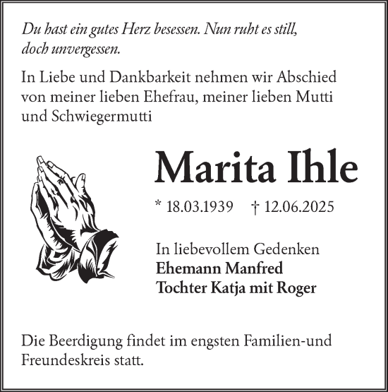 Traueranzeige von Marita Ihle von Lausitzer Rundschau
