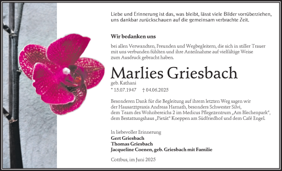 Traueranzeige von Marlies Griesbach von Lausitzer Rundschau