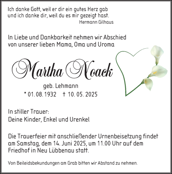 Traueranzeige von Martha Noack von Lausitzer Rundschau