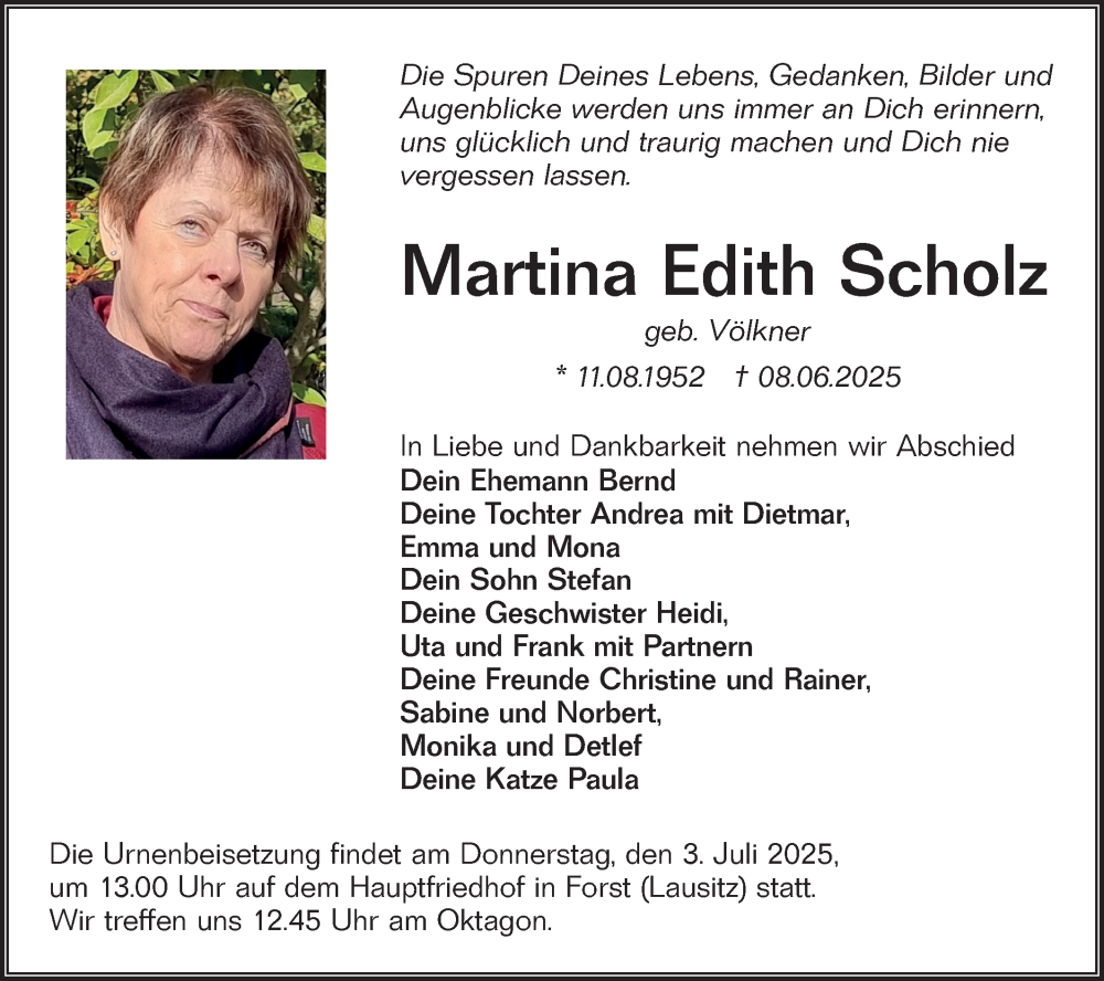  Traueranzeige für Martina Edith Scholz vom 28.06.2025 aus Lausitzer Rundschau