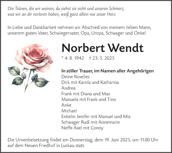 Traueranzeige von Norbert Wendt von Lausitzer Rundschau