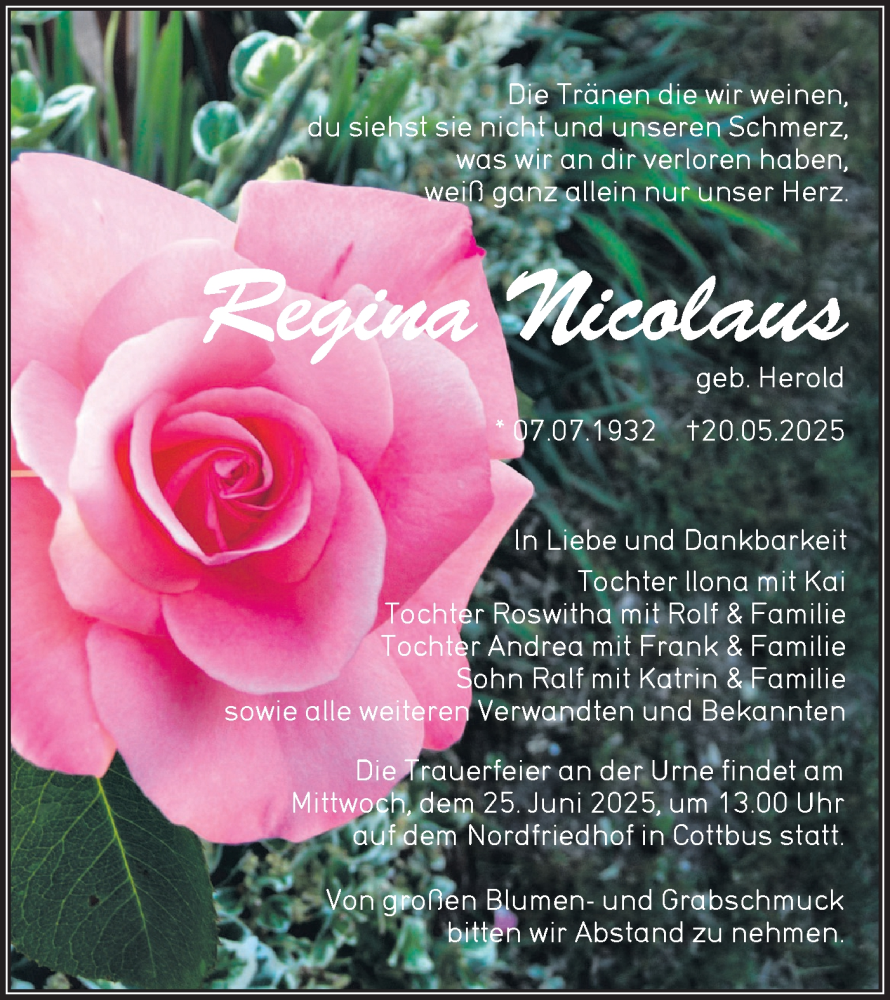  Traueranzeige für Regina Nicolaus vom 07.06.2025 aus Lausitzer Rundschau