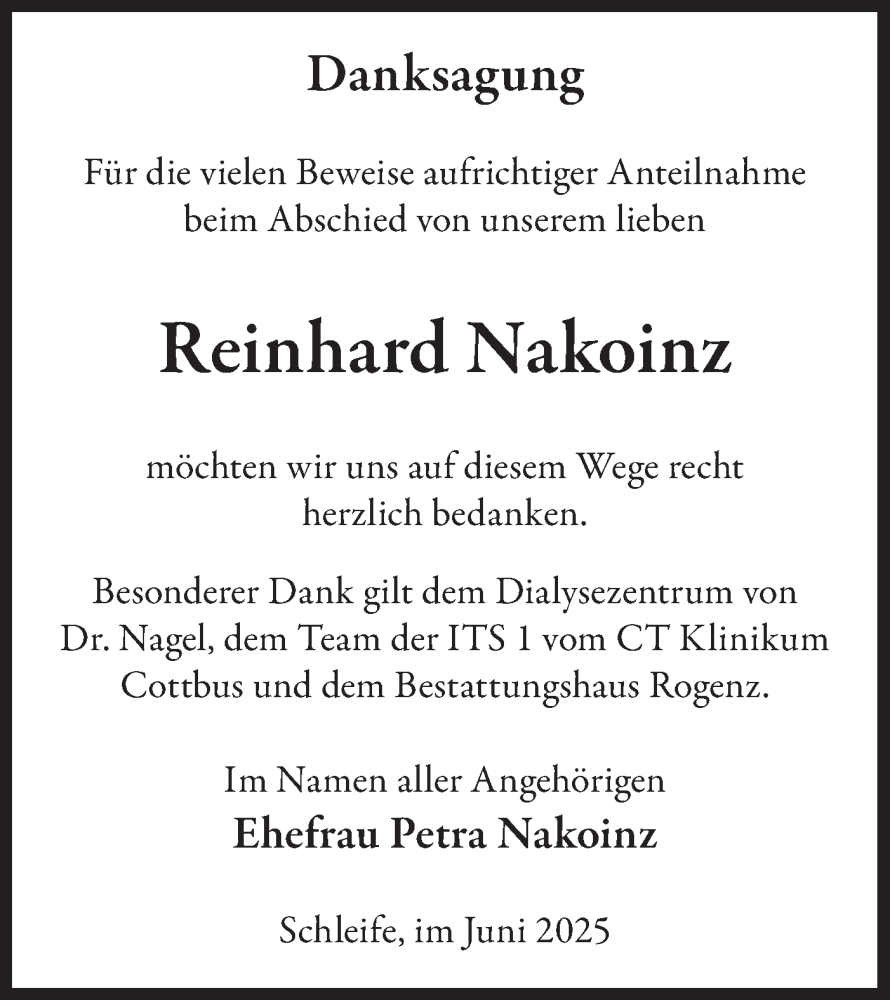  Traueranzeige für Reinhard Nakoinz vom 21.06.2025 aus Lausitzer Rundschau